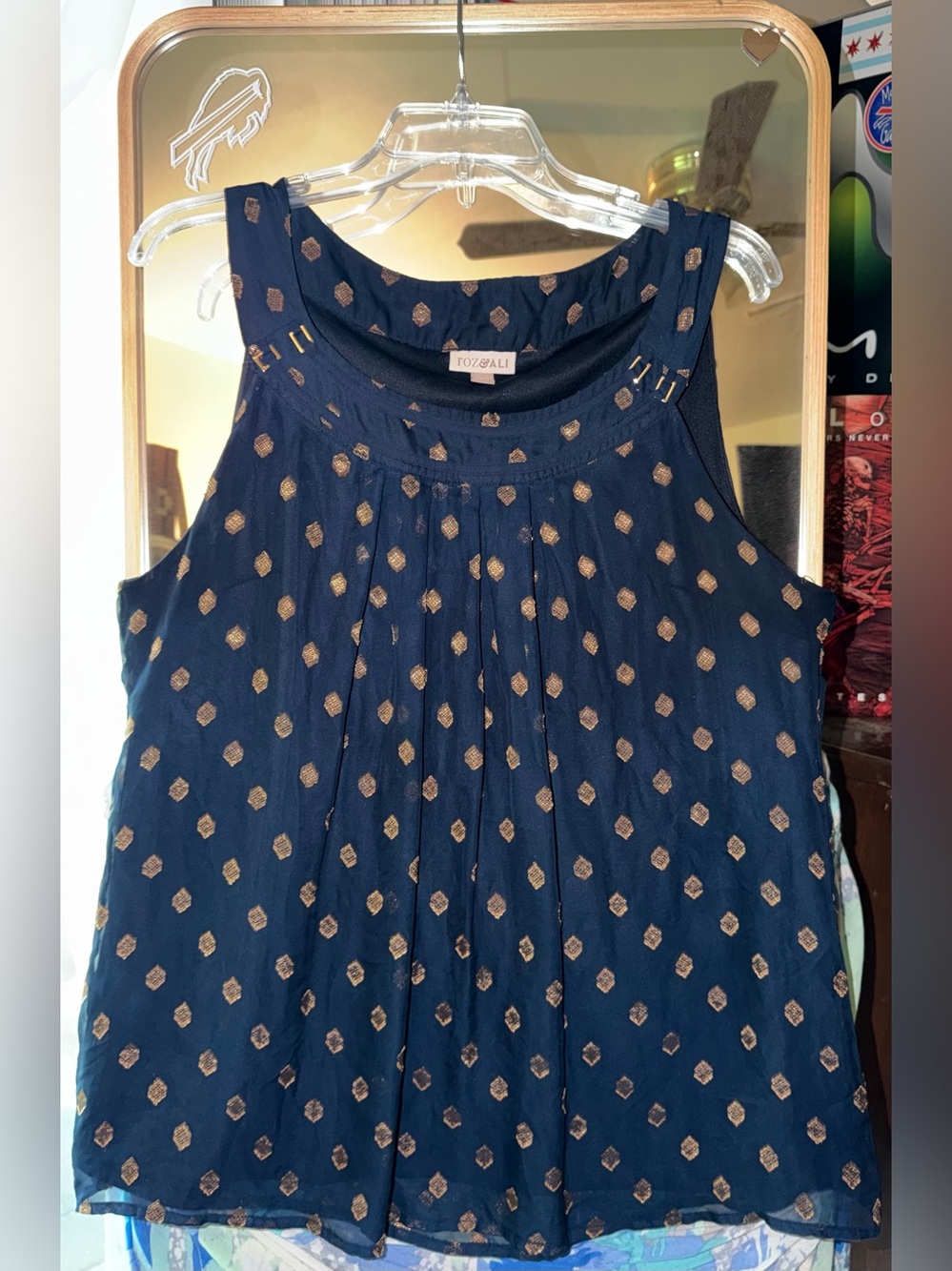 Roz & Ali Navy Tank Top with Metallic Gold Dot Print